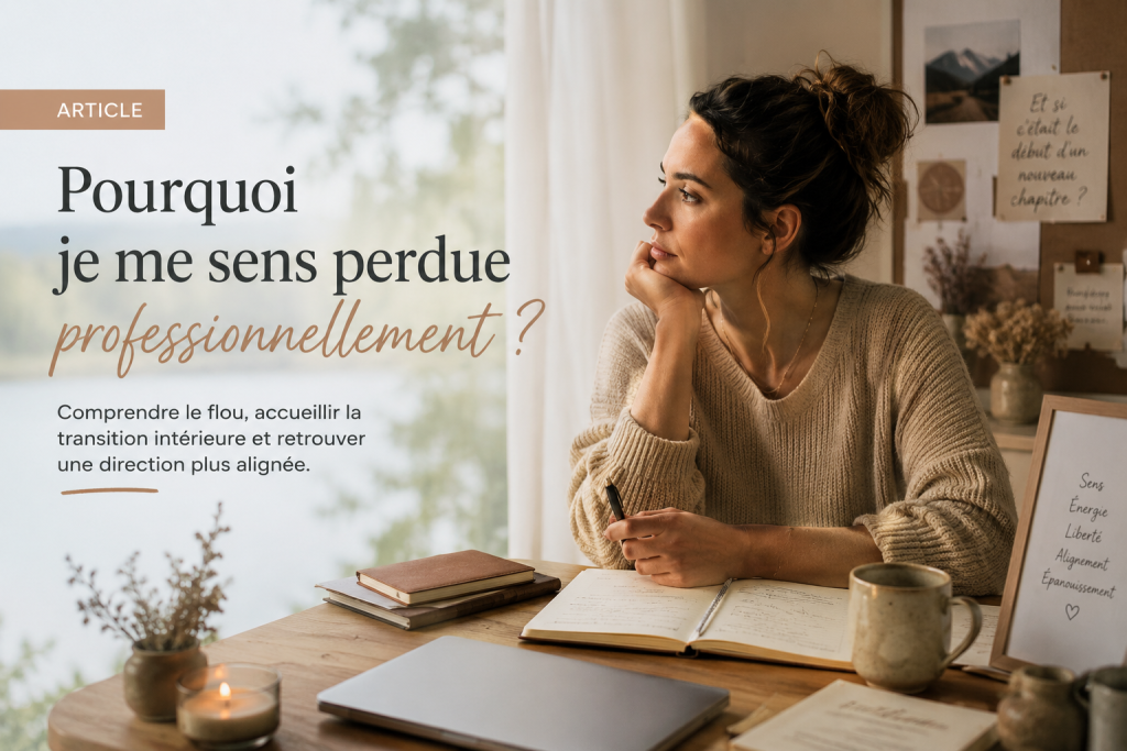 Pourquoi je me sens perdue professionnellement ? Illustration d’un article sur la perte de sens au travail, la reconversion professionnelle, le flou intérieur et la transition identitaire chez les femmes en quête d’une vie plus alignée. Accompagnement en reconversion, clarté intérieure et réalignement professionnel par Maison Clarté.