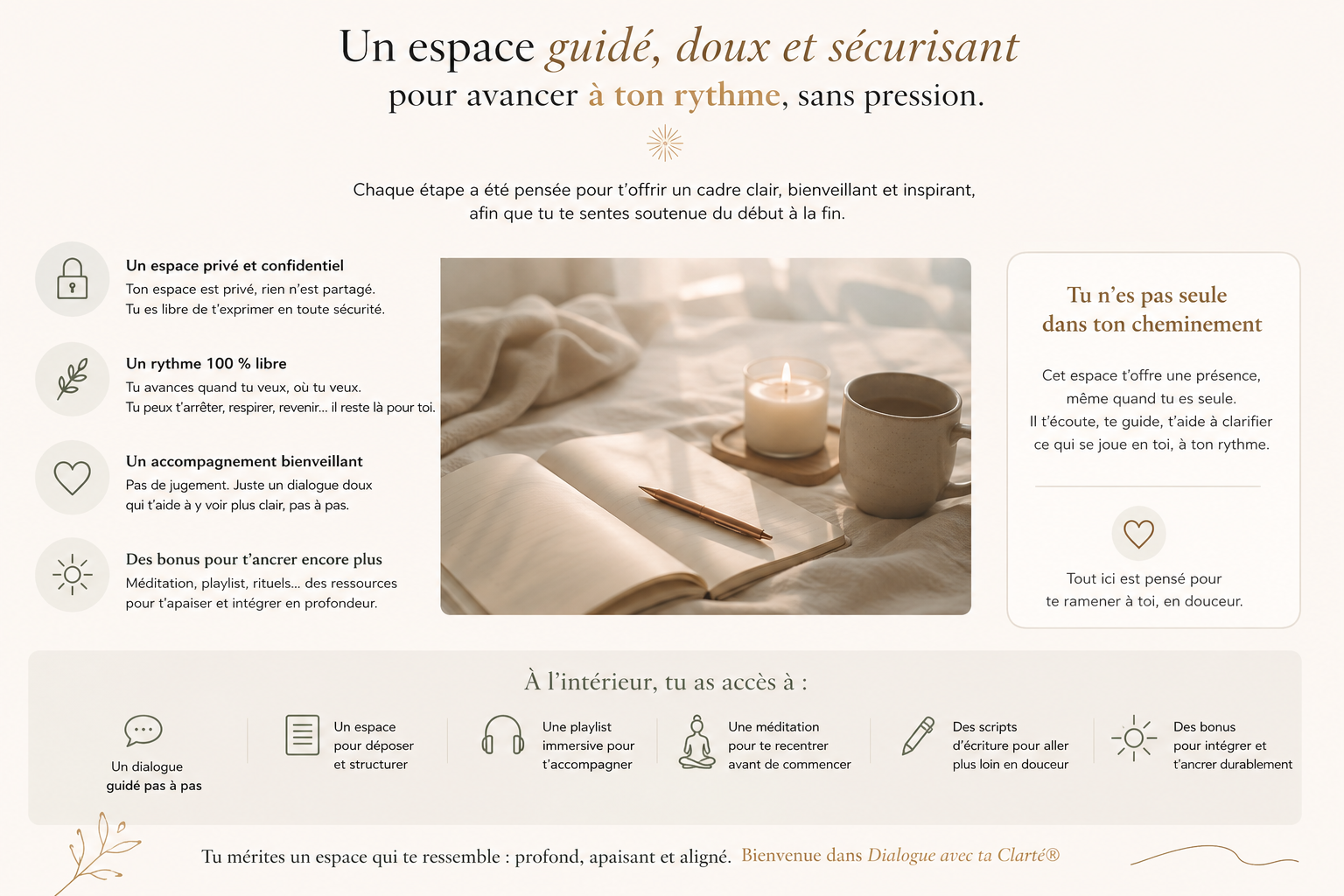 Visuel de présentation de Dialogue avec ta Clarté, un espace guidé, doux et sécurisant pour avancer à son rythme dans une période de transition.