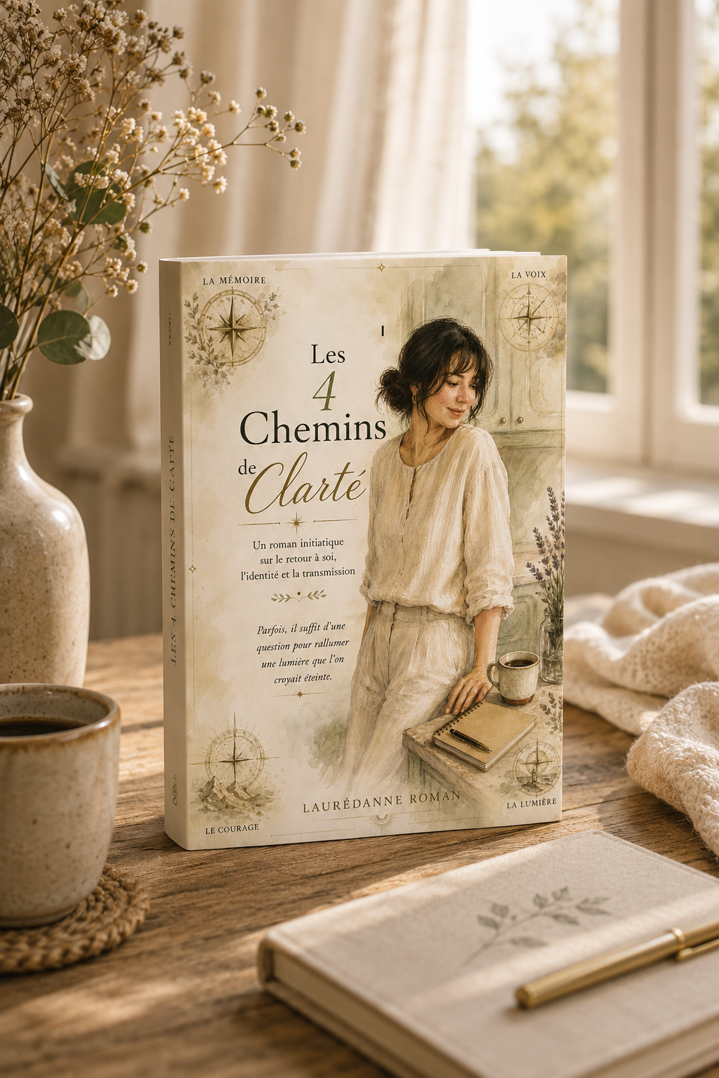 Mock-up du livre Les Quatre Chemins de Clarté de Laurédanne Roman dans un intérieur lumineux